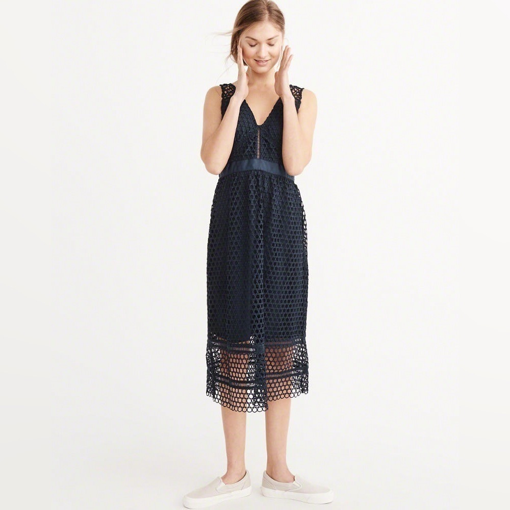 A&F New Size XS Tall Navy Blue Crochet Lace Cut Out Midi Dress